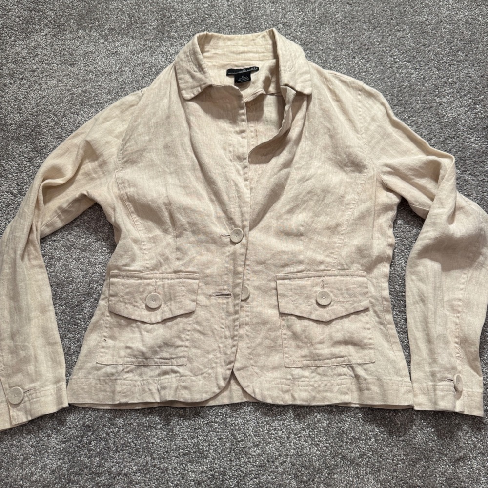 Willi Smith Jacket Womens 10 Beige Tan 100% Linen Coastal Grandma Chic Coastal